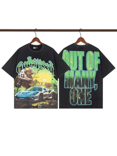 1:1 quality version Gradient letters Sports Car Printed Torn and Washed Tee