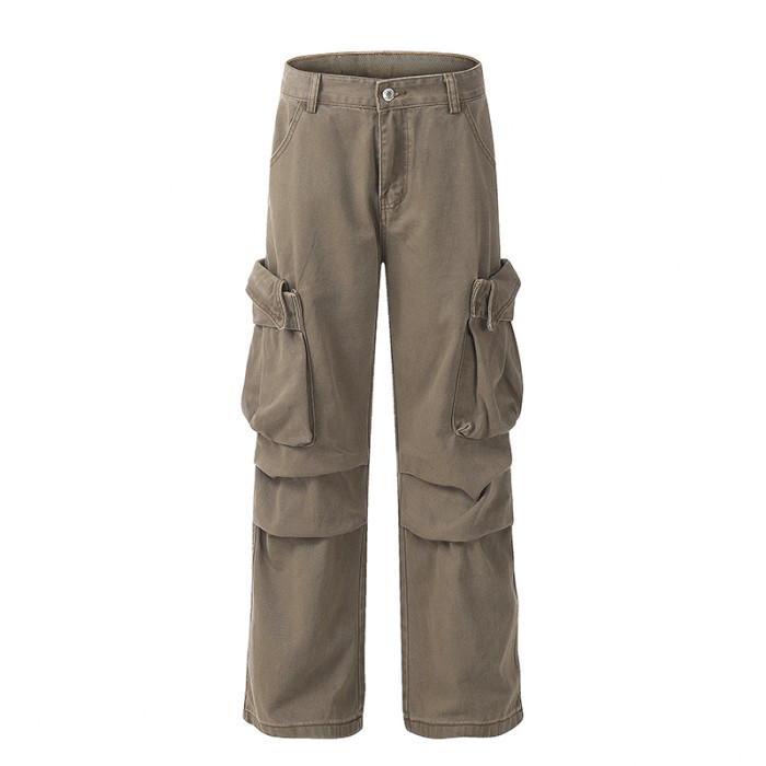 Vintage pleated cargo baggy straight-leg pants with large pockets