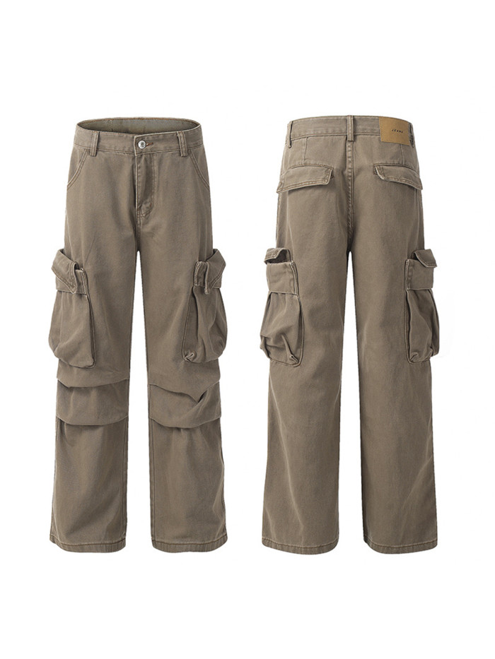 Vintage pleated cargo baggy straight-leg pants with large pockets