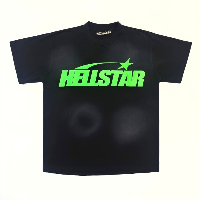 [50% Off]Hellstar Studio [Big & Tall for weights up to 260 lbs]1:1 quality version Green Classic Letter Logo Printed Washed Version Tee with NFC tag 27632809
