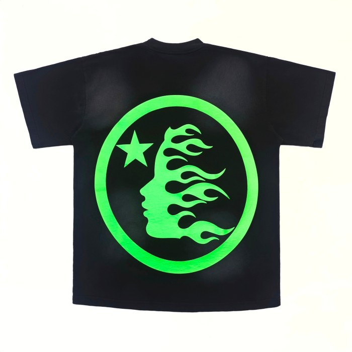 [50% Off]Hellstar Studio [Big & Tall for weights up to 260 lbs]1:1 quality version Green Classic Letter Logo Printed Washed Version Tee with NFC tag 27632809