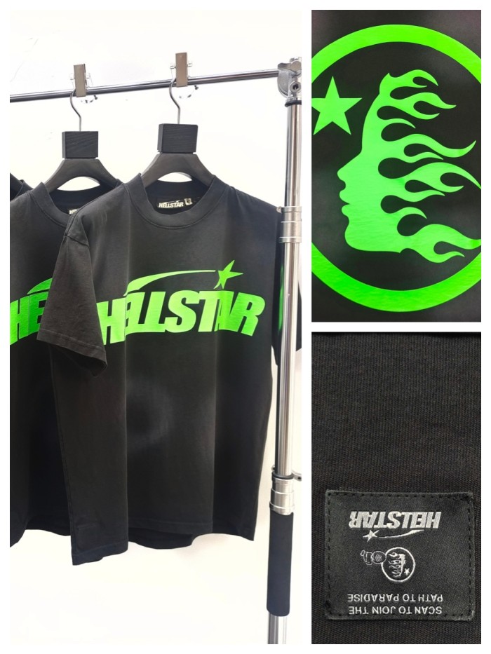 [50% Off]Hellstar Studio [Big & Tall for weights up to 260 lbs]1:1 quality version Green Classic Letter Logo Printed Washed Version Tee with NFC tag 27632809