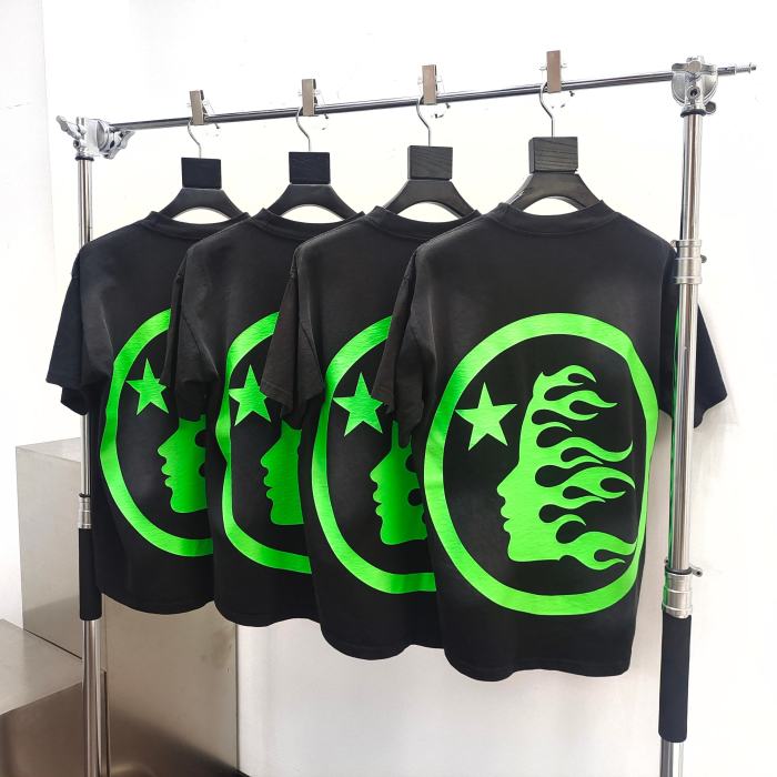 [50% Off]Hellstar Studio [Big & Tall for weights up to 260 lbs]1:1 quality version Green Classic Letter Logo Printed Washed Version Tee with NFC tag 27632809