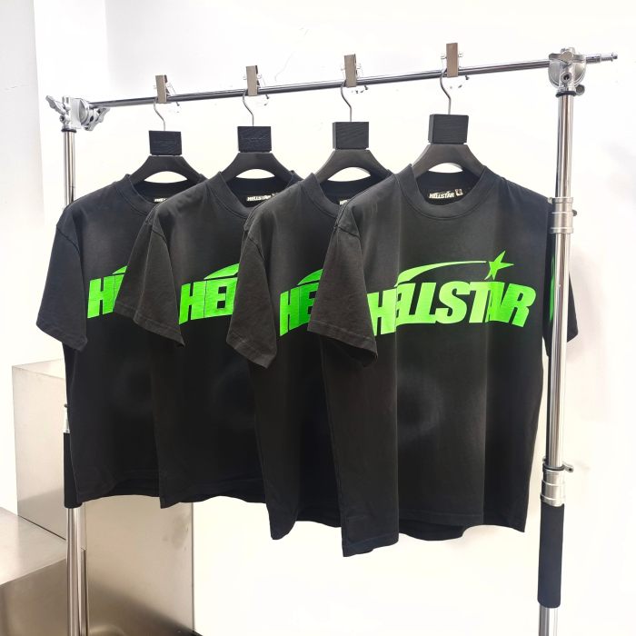 [50% Off]Hellstar Studio [Big & Tall for weights up to 260 lbs]1:1 quality version Green Classic Letter Logo Printed Washed Version Tee with NFC tag 27632809