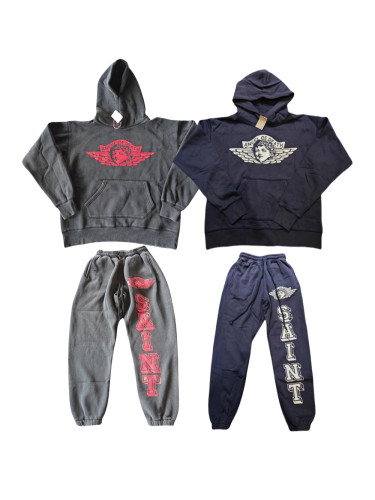 Angel Character Letter Print Washed and Aged Loose Hoodie & Pants Set 2 colors