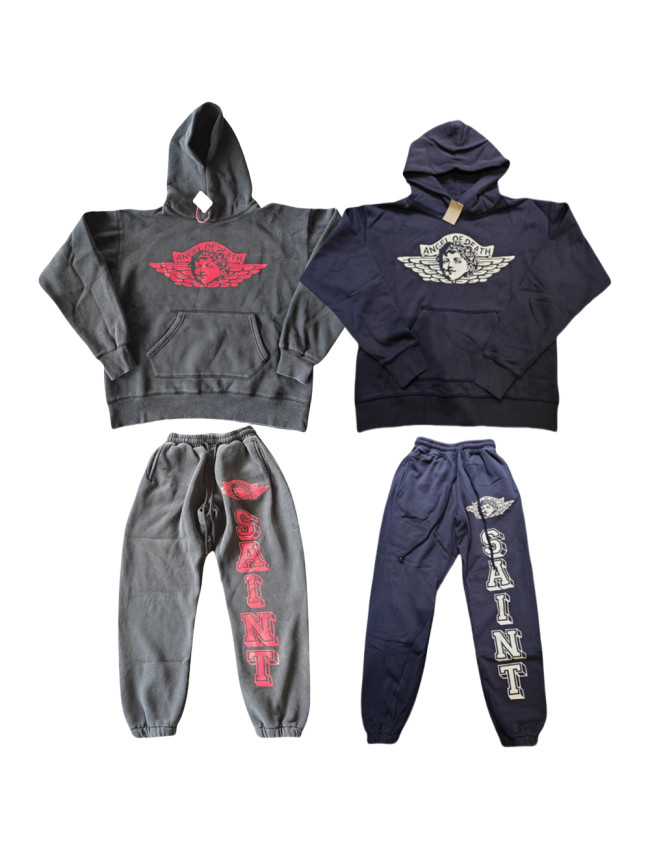 [buy more save more]Angel Character Letter Print Washed and Aged Loose Hoodie & Pants Set 2 colors