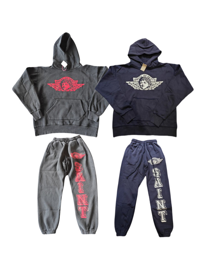 [buy more save more]Angel Character Letter Print Washed and Aged Loose Hoodie & Pants Set 2 colors