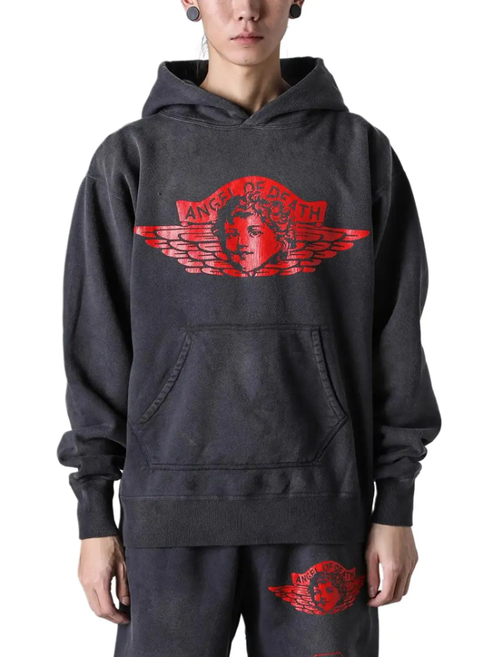 [buy more save more]Angel Character Letter Print Washed and Aged Loose Hoodie & Pants Set 2 colors
