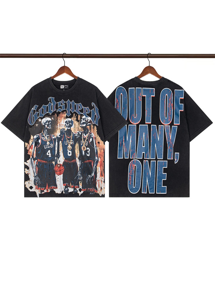 Hot Skeletons Basketball Team Letter Print Washed Version Tee