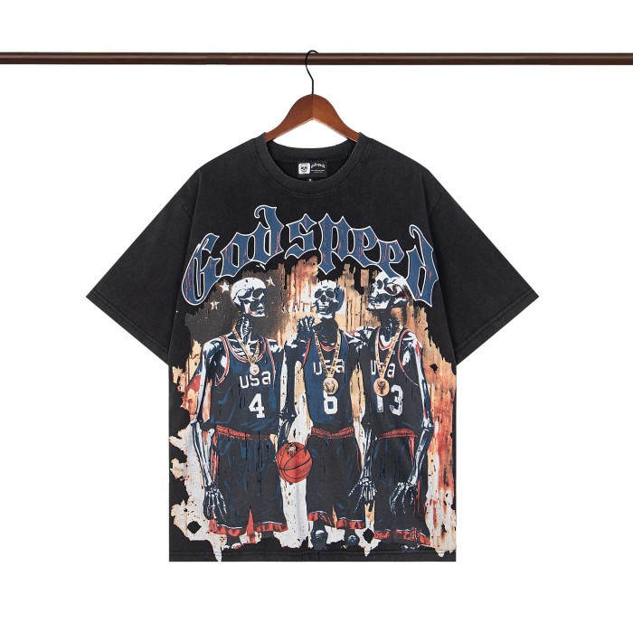 Hot Skeletons Basketball Team Letter Print Washed Version Tee