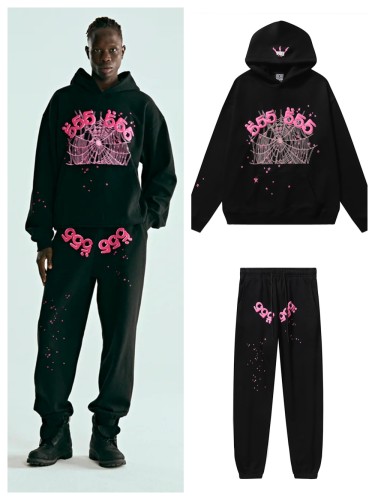 555 pink Spider Web Hoodie & Pants Set