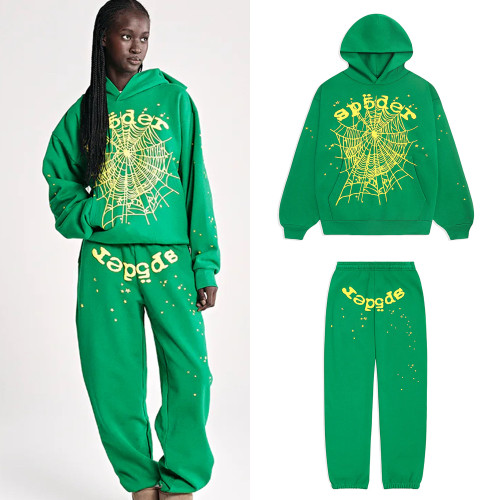 Gold Letter Foam Large Spiderweb Print Hoodie & Pants Set 2 colors