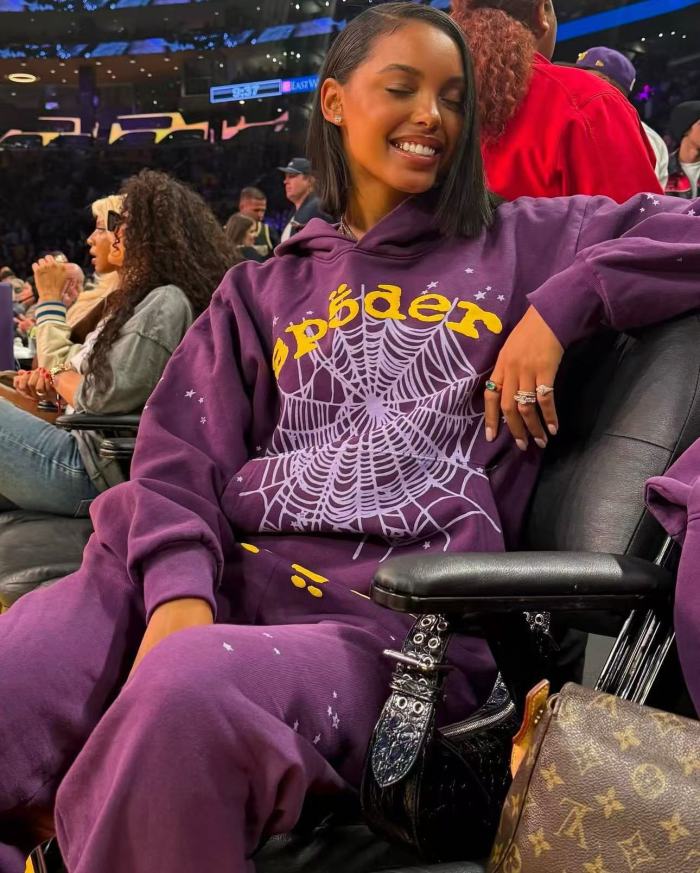 [Buy One Get One Free] 1:1 quality version Gold Letter Spiderweb Print Purple Hoodie & Pants Set