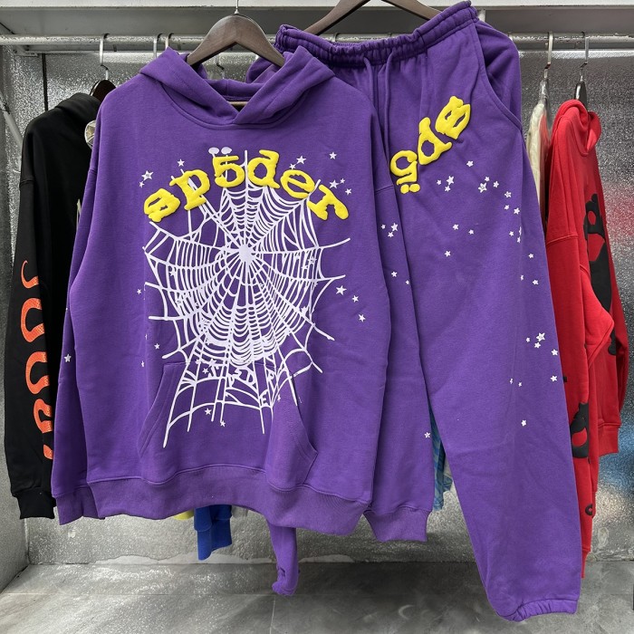 Gold Letter Foam Large Spiderweb Print Hoodie & Pants Set 2 colors