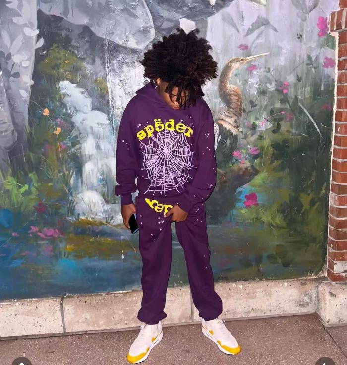 [Buy One Get One Free] 1:1 quality version Gold Letter Spiderweb Print Purple Hoodie & Pants Set