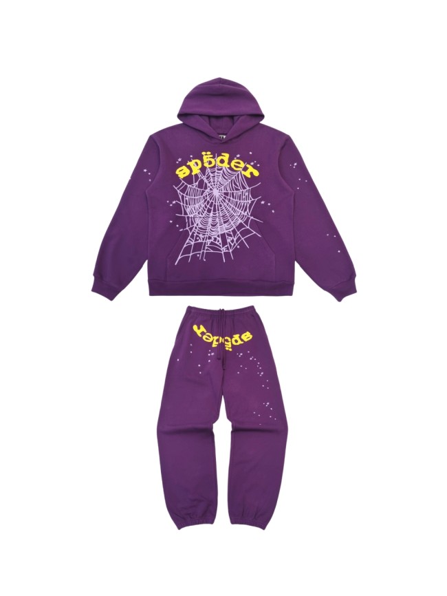 [Buy One Get One Free] 1:1 quality version Gold Letter Spiderweb Print Purple Hoodie & Pants Set