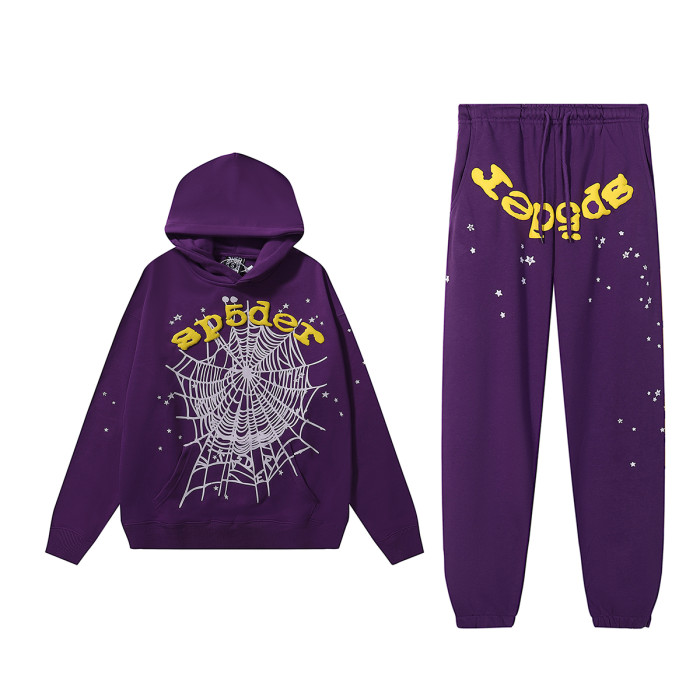 Gold Letter Foam Large Spiderweb Print Hoodie & Pants Set 2 colors