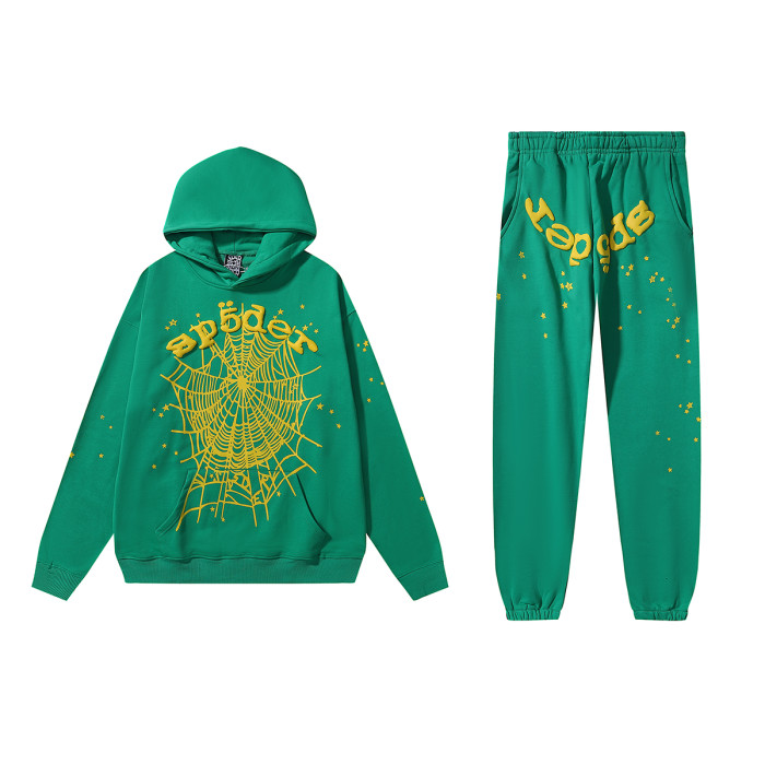 Gold Letter Foam Large Spiderweb Print Hoodie & Pants Set 2 colors