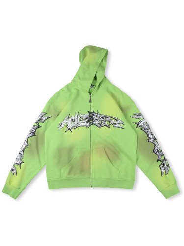 1:1 quality version Heavy duty printed vintage washed green zipper Hoodie
