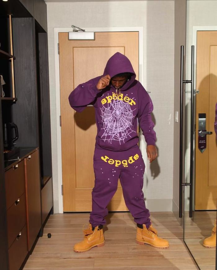 [Buy One Get One Free] 1:1 quality version Gold Letter Spiderweb Print Purple Hoodie & Pants Set