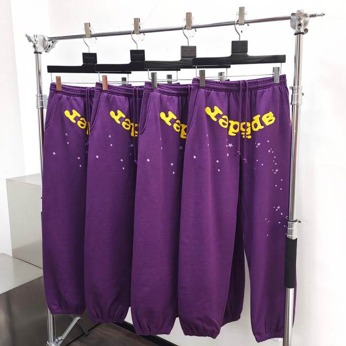 [Buy One Get One Free] 1:1 quality version Gold Letter Spiderweb Print Purple Hoodie & Pants Set