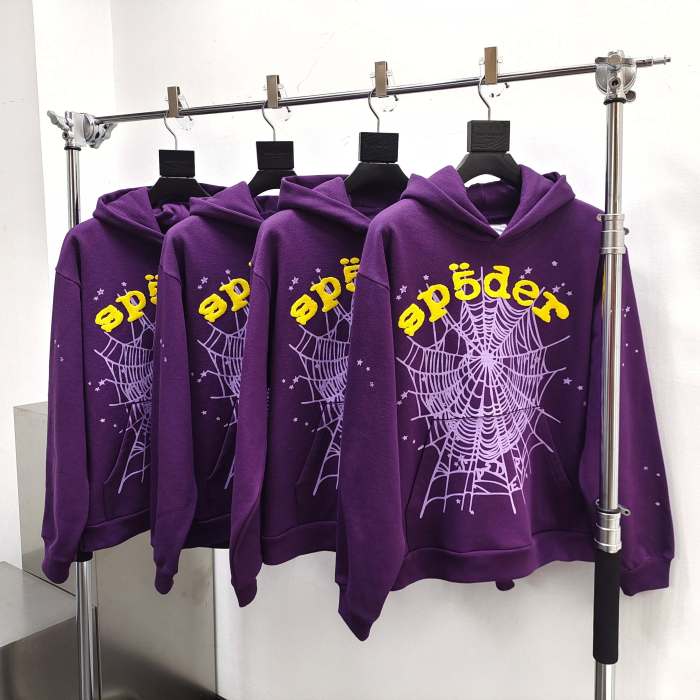 [Buy One Get One Free] 1:1 quality version Gold Letter Spiderweb Print Purple Hoodie & Pants Set