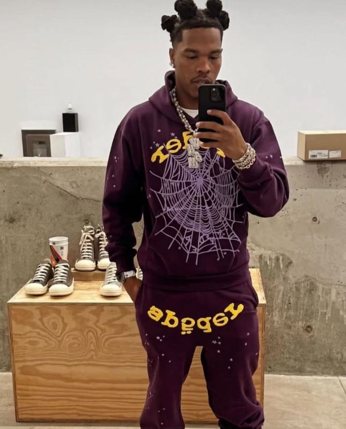 [Buy One Get One Free] 1:1 quality version Gold Letter Spiderweb Print Purple Hoodie & Pants Set