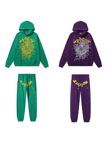 Gold Letter Foam Large Spiderweb Print Hoodie & Pants Set 2 colors
