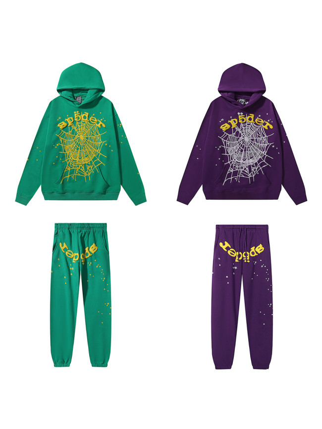 Gold Letter Foam Large Spiderweb Print Hoodie & Pants Set 2 colors