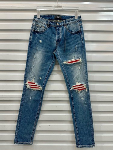 1:1 quality version Red Leather Ripped Patch Jeans
