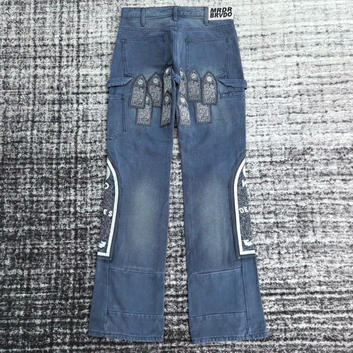 1:1 quality version Heavy duty embroidered logo frayed patchwork jeans 3 colors