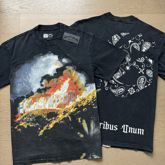 1:1 quality version Hollywood Billboard Burning Cashew Flower Letter Print Version Tee 2 colors