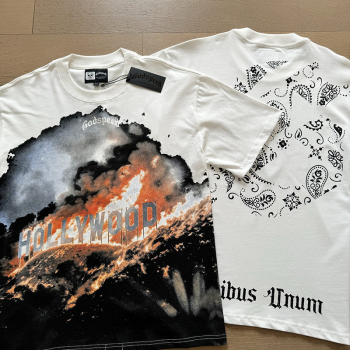 1:1 quality version Hollywood Billboard Burning Cashew Flower Letter Print Version Tee 2 colors