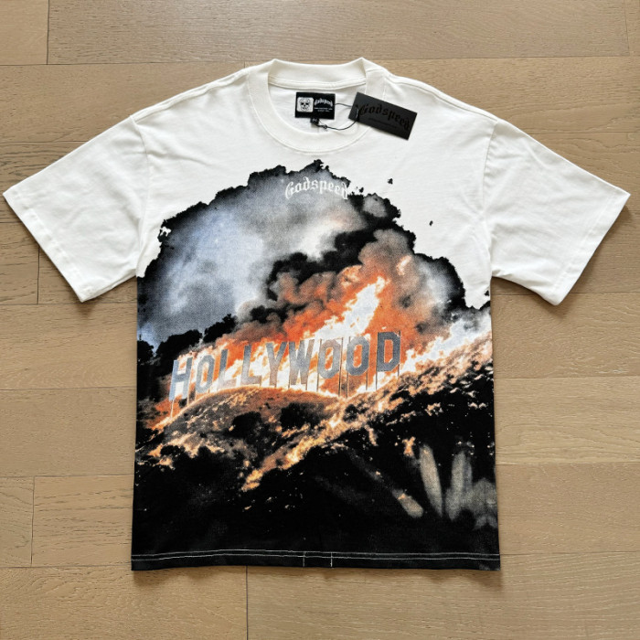 1:1 quality version Hollywood Billboard Burning Cashew Flower Letter Print Version Tee 2 colors