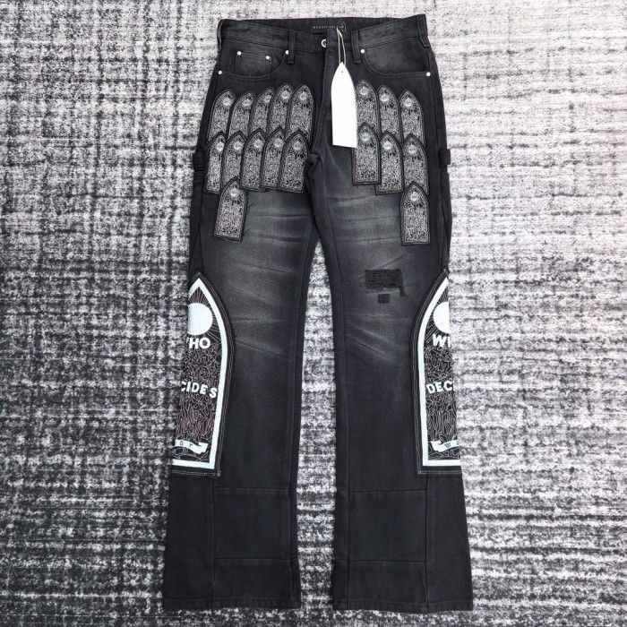 1:1 quality version Heavy duty embroidered logo frayed patchwork jeans 3 colors