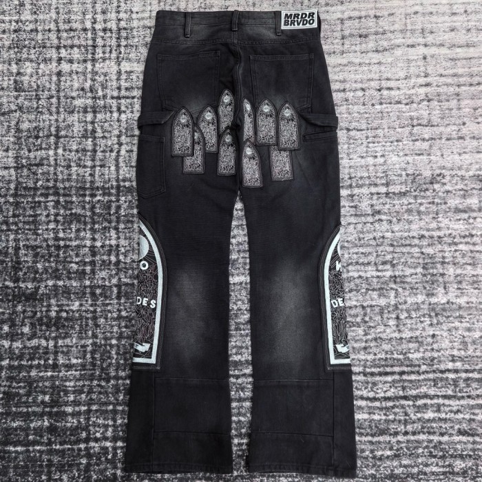 1:1 quality version Heavy duty embroidered logo frayed patchwork jeans 3 colors