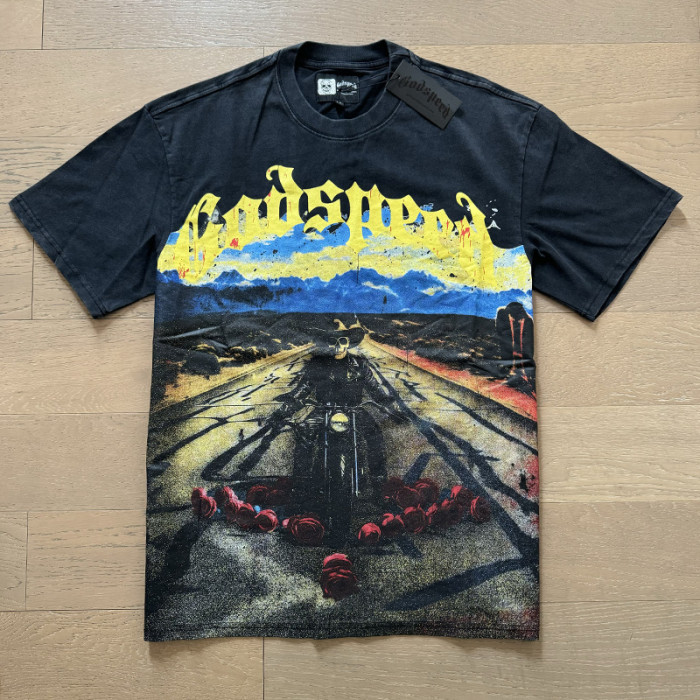 1:1 quality version Skull Motorcycle Riding Rose Printed Washed Version Tee 2 colors