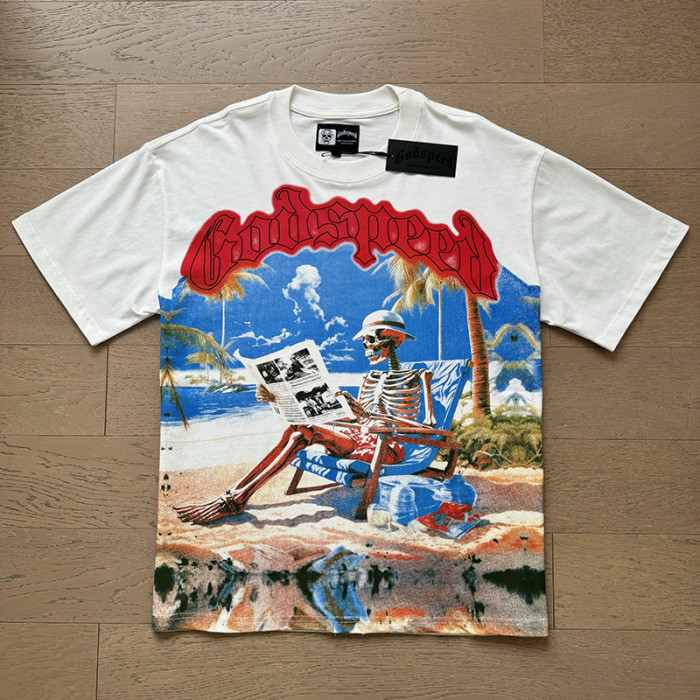 1:1 quality version Skeleton Seaside Reading Newspaper Print Washed Version Tee 2 colors