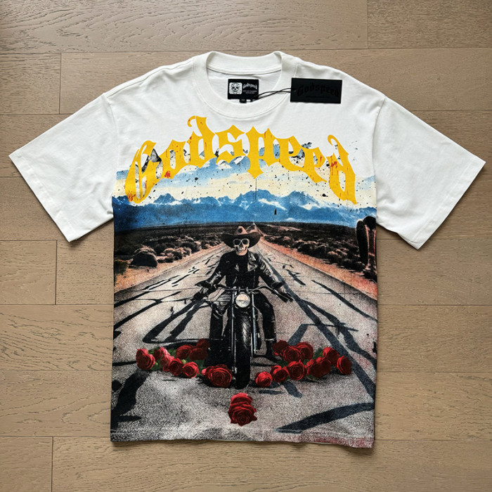 1:1 quality version Skull Motorcycle Riding Rose Printed Washed Version Tee 2 colors