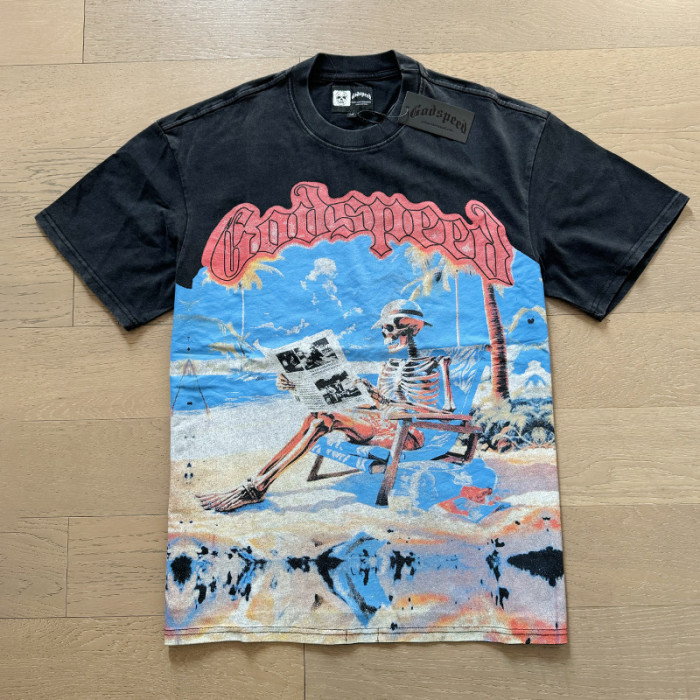 1:1 quality version Skeleton Seaside Reading Newspaper Print Washed Version Tee 2 colors