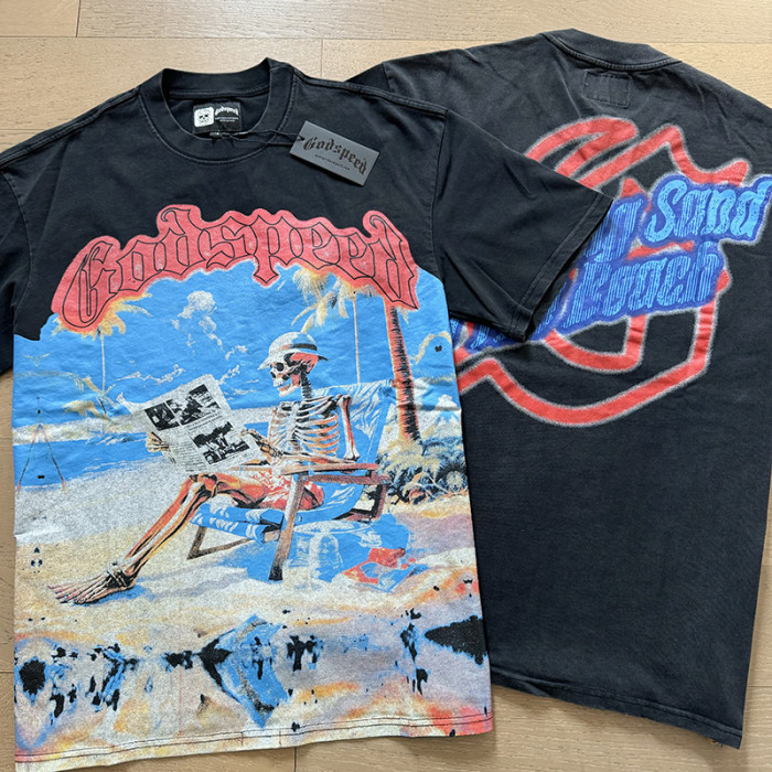 1:1 quality version Skeleton Seaside Reading Newspaper Print Washed Version Tee 2 colors