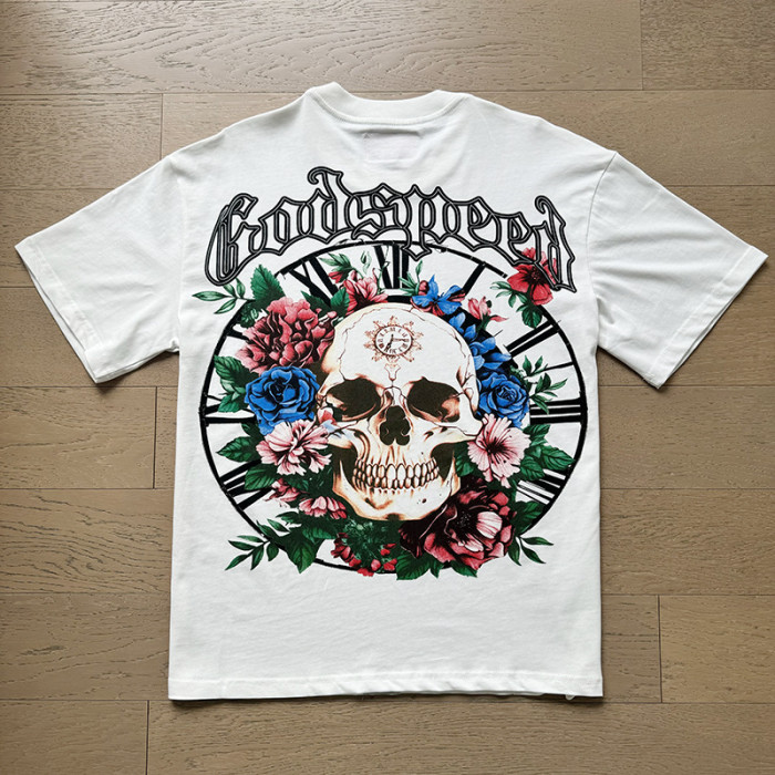 1:1 quality version Small letters curved chest and back skull wreath printed washed version Tee 2 colors