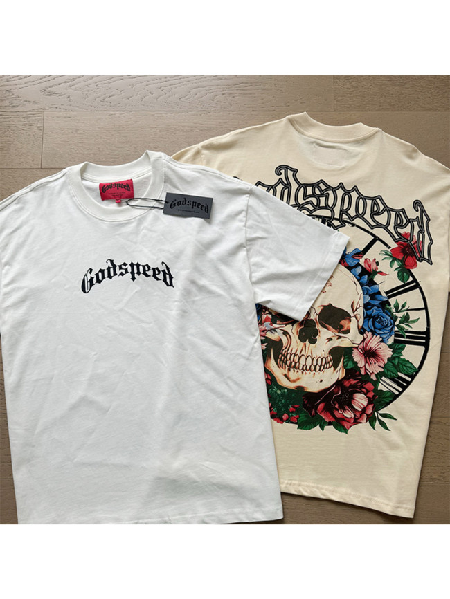 1:1 quality version Small letters curved chest and back skull wreath printed washed version Tee 2 colors