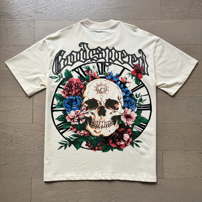 1:1 quality version Small letters curved chest and back skull wreath printed washed version Tee 2 colors