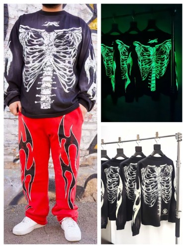 1:1 quality version Glow-in-the-dark bone print long-sleeved T-shirt with NFC tag