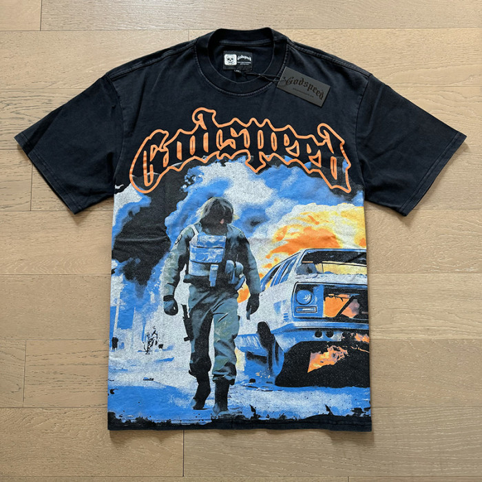 1:1 quality version Burning Car Character Print Washed Version Tee 2 colors