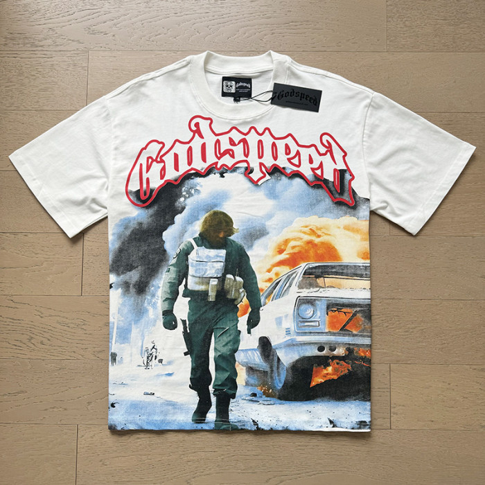 1:1 quality version Burning Car Character Print Washed Version Tee 2 colors
