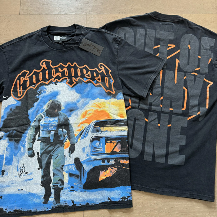 1:1 quality version Burning Car Character Print Washed Version Tee 2 colors