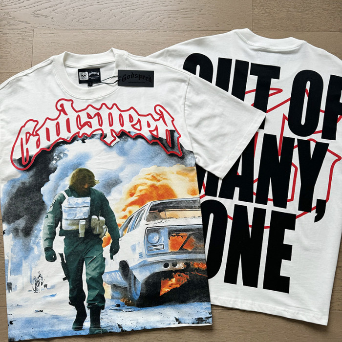 1:1 quality version Burning Car Character Print Washed Version Tee 2 colors