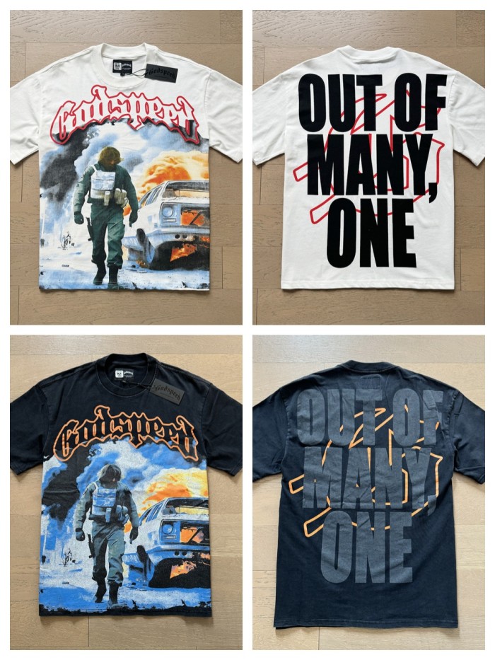 1:1 quality version Burning Car Character Print Washed Version Tee 2 colors